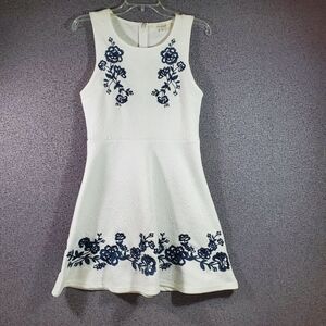 White Navy Embroidered Fit and Flare Floral Dress Small